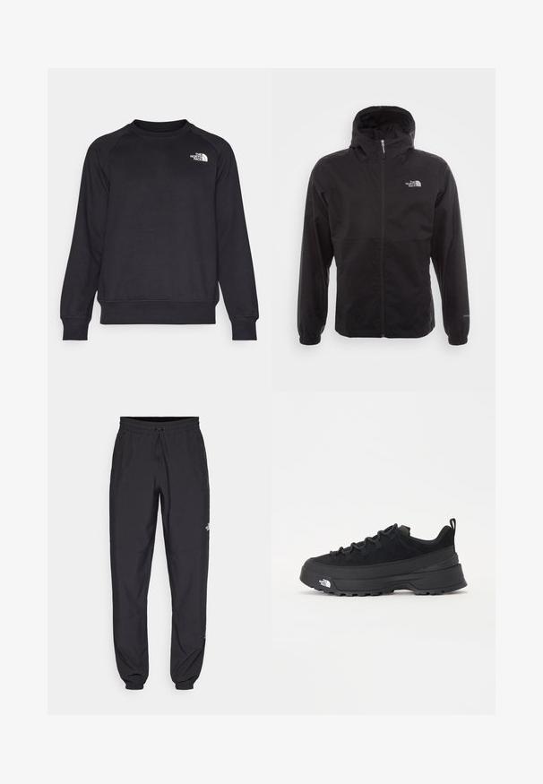 Sort vandtæt jakke med fuld lynlås, justerbar hætte, elastiske manchetter og et logo på brystet; letvægts, glat tekstur.; Sort sweatshirt med ribbet rund hals, lange raglanærmer og et lille hvidt logo på venstre bryst. Lavet af blødt, holdbart stof.; Sorte atletiske bukser lavet af letvægtsstof, med en snor i taljen, sidelommer og tapered manchetter ved anklerne.; Sort udendørs sneakers med overdel i ruskind, tekstureret gummisål og robust snøringssystem. Har en forstærket hæl og logo fra mærket på siden.