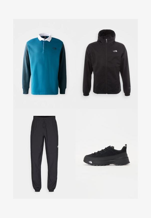 Čierna nepremokavá bunda s plným zipsom, nastaviteľnou kapucňou, elastickými manžetami a logom na hrudi; ľahká, s hladkou textúrou.; Poloko s dlhým rukávom v odtieňoch tyrkysovej a tmavozelenej, s bielym golierom, gombíkovou légou a čiernym logom na hrudi. Materiál zmiešaný z bavlny.; Čierne športové nohavice vyrobené z ľahkej tkaniny, s elastickým pásom na šnurovanie, bočnými vreckami a zúženými manžetami na členkoch.; Čierne vonkajšie tenisky so zvrškom z semišu, štruktúrovanou gumovou podrážkou a pevným šnurovaním. Obsahujú vystužený opätok a logo značky na boku.
