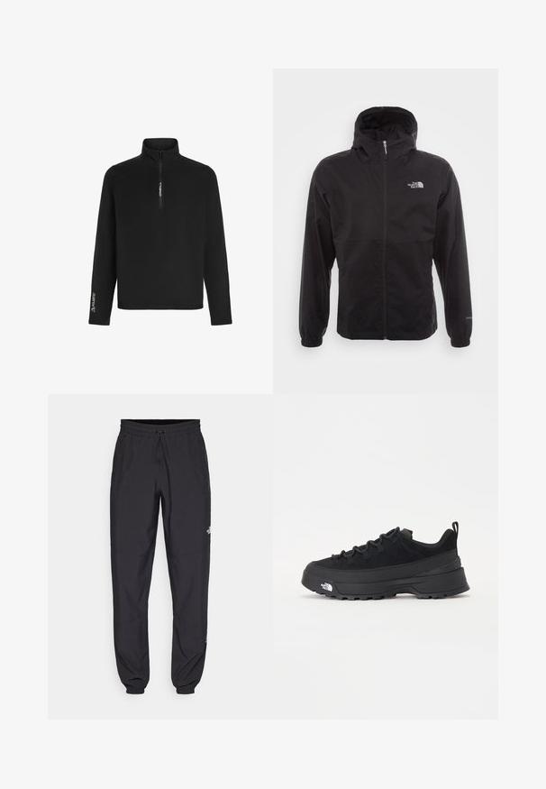 Schwarze wasserdichte Jacke mit durchgehendem Reißverschluss, verstellbarem Kapuzen, elastischen Bündchen und einem Logo auf der Brust; leicht und mit glatter Textur.; Schwarzer Fleece-Pullover mit einem Viertel-Reißverschluss-Kragen, langen Ärmeln und einem Polartec-Logo auf dem linken Arm für Isolierung und Komfort.; Schwarze Sporthosen aus leichtem Stoff, mit einem Kordelzugbund, seitlichen Taschen und schmal zulaufenden Bündchen an den Knöcheln.; Schwarzer Outdoorsneaker mit einem Obermaterial aus Wildleder, strukturierter Gummisohle und robustem Schnürsystem. Verfügt über eine verstärkte Ferse und das Markenlogo an der Seite.