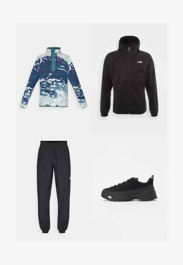 Fekete, vízálló dzseki teljes cipzárral, állítható kapucnival, rugalmas mandzsettákkal és mellkasi logóval; könnyű, sima textúrájú.; Hosszú ujjú, bolyhos pulóver magas gallérral, patentgombokkal, mellzseb zippel és kék-fehér absztrakt mintával.; Fekete sportnadrág, könnyű anyagból készült, húzózsinóros derékkal, oldalsó zsebekkel és szűkített szárakkal a bokáknál.; Fekete kültéri sneaker velúr felsőrésszel, texturált gumitalppal és strapabíró fűzőrendszerrel. Megerősített sarkú és oldalán márkalogóval rendelkezik.