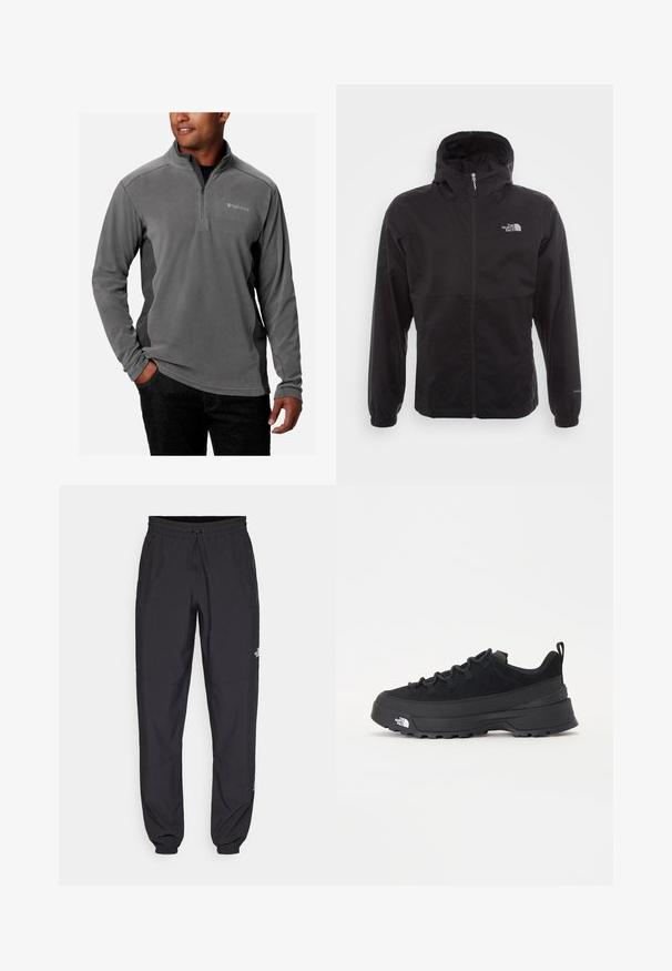 Giacca nera impermeabile con zip completa, cappuccio regolabile, polsini elasticizzati e logo sul petto; leggera, con texture liscia.; Pullover in fleece grigio con design a zip quarti, morbido al tatto, maniche lunghe e logo sul petto. Accentuato da pannelli laterali a contrasto.; Pantaloni sportivi neri realizzati in tessuto leggero, con vita regolabile con cordino, tasche laterali e orli affusolati alle caviglie.; Sneaker da esterno nera con parte superiore in suede, suola in gomma testurizzata e robusto sistema di allacciatura. Presenta un tallone rinforzato e il logo del marchio sul lato.