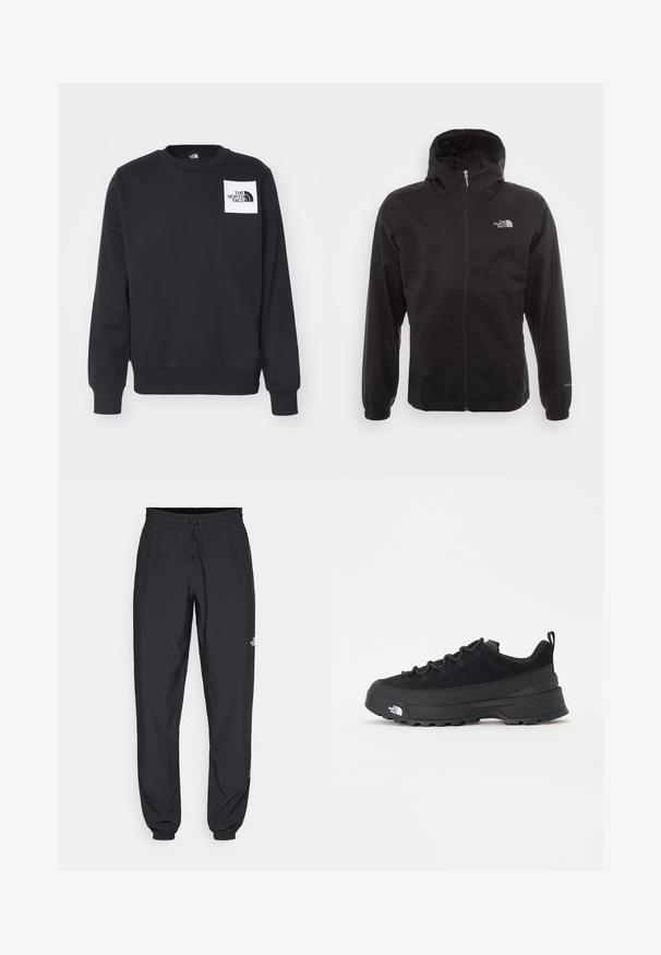 Fekete, vízálló dzseki teljes cipzárral, állítható kapucnival, rugalmas mandzsettákkal és mellkasi logóval; könnyű, sima textúrájú.; Fekete kapucnis pulóver, kerek nyakkal, bordás mandzsettákkal és szegéllyel. A mellkasán egy fehér négyzet alakú folt látható, rajta a "THE NORTH FACE" logóval.; Fekete sportnadrág, könnyű anyagból készült, húzózsinóros derékkal, oldalsó zsebekkel és szűkített szárakkal a bokáknál.; Fekete kültéri sneaker velúr felsőrésszel, texturált gumitalppal és strapabíró fűzőrendszerrel. Megerősített sarkú és oldalán márkalogóval rendelkezik.