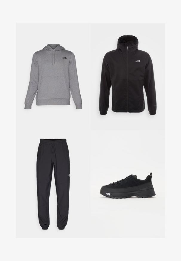 Giacca nera impermeabile con zip completa, cappuccio regolabile, polsini elasticizzati e logo sul petto; leggera, con texture liscia.; Felpa grigia con cappuccio realizzata in tessuto morbido, dotata di una tasca a marsupio frontale, cappuccio con cordino e un piccolo logo nero sul lato sinistro del petto.; Pantaloni sportivi neri realizzati in tessuto leggero, con vita regolabile con cordino, tasche laterali e orli affusolati alle caviglie.; Sneaker da esterno nera con parte superiore in suede, suola in gomma testurizzata e robusto sistema di allacciatura. Presenta un tallone rinforzato e il logo del marchio sul lato.
