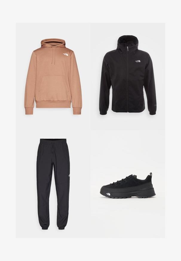 Giacca nera impermeabile con zip completa, cappuccio regolabile, polsini elasticizzati e logo sul petto; leggera, con texture liscia.; Felpa con cappuccio di colore marrone chiaro, realizzata in un tessuto morbido, con tasca frontale e un piccolo logo bianco sul petto.; Pantaloni sportivi neri realizzati in tessuto leggero, con vita regolabile con cordino, tasche laterali e orli affusolati alle caviglie.; Sneaker da esterno nera con parte superiore in suede, suola in gomma testurizzata e robusto sistema di allacciatura. Presenta un tallone rinforzato e il logo del marchio sul lato.