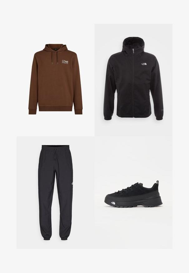 Black waterproof jacket with a full zip, adjustable hood, elastic cuffs, and a logo on the chest; lightweight, smooth texture.; Brown sweatshirt with a hood, featuring a white logo on the upper left. Made from soft fabric with ribbed cuffs and hem.; Black athletic pants made from lightweight fabric, featuring a drawstring waistband, side pockets, and tapered cuffs at the ankles.; Black outdoor sneaker with a suede upper, textured rubber sole, and sturdy lacing system. Features a reinforced heel and brand logo on the side.