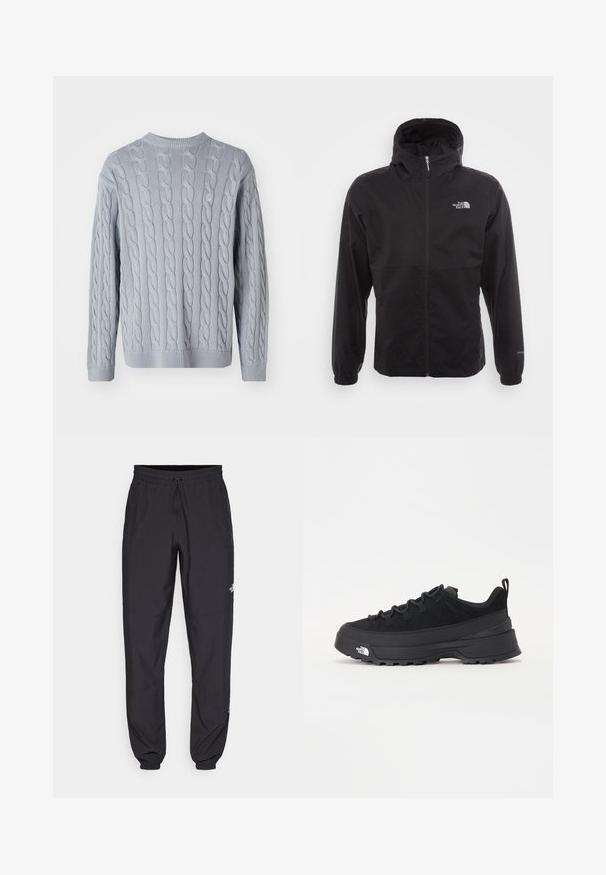 Juodas vandeniui atsparus švarkas su pilnu užtrauktuku, reguliuojama kapuce, elastingais rankogaliais ir logotipu ant krūtinės; lengvas, lygaus paviršiaus.; Šviesiai mėlynas megztinis su pynimo raštu, ilgomis rankovėmis ir apvaliu kaklu. Raštuoti rankogaliai ir apatinė dalis suteikia tekstūrą ir struktūrą.; Juodos sportinės kelnės, pagamintos iš lengvos medžiagos, su raišteliu liemens srityje, šoniniais kišenėmis ir siaurėjantys apykaklės prie kulkšnies.; Juodas lauko sportinis batelis su zomšiniu viršumi, tekstūruota guma padais ir tvirtas raištelių sistema. Yra sustiprinta kulno dalis ir prekės ženklo logotipas šone.