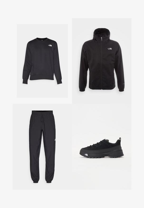 Svart vattentät jacka med full dragkedja, justerbar huva, elastiska ärmslut och en logotyp på bröstet; lätt och slät textur.; Svart sweatshirt i bomullsblandning med rund halsringning, ribbade ärmslut och nederkant, samt en liten vit logotyp på vänster bröst.; Svarta träningsbyxor tillverkade av lättviktsmaterial, med dragsko i midjan, sidofickor och avsmalnande muddar vid anklarna.; Svart utomhussko med ovandel i mocka, texturerad gummisula och robust snörningssystem. Har en förstärkt häl och varumärkeslogotyp på sidan.