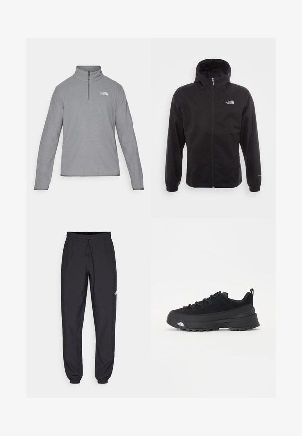 Čierna nepremokavá bunda s plným zipsom, nastaviteľnou kapucňou, elastickými manžetami a logom na hrudi; ľahká, s hladkou textúrou.; The North Face M GLACIER FLEECE 1/4 ZIP JACKET - Flísová bunda - grey heather; Čierne športové nohavice vyrobené z ľahkej tkaniny, s elastickým pásom na šnurovanie, bočnými vreckami a zúženými manžetami na členkoch.; Čierne vonkajšie tenisky so zvrškom z semišu, štruktúrovanou gumovou podrážkou a pevným šnurovaním. Obsahujú vystužený opätok a logo značky na boku.