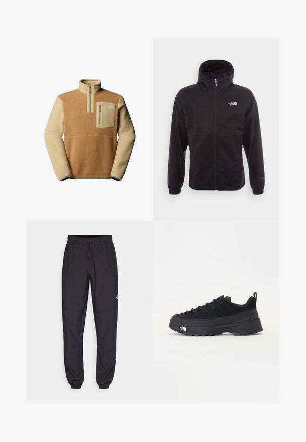 Sort vandtæt jakke med fuld lynlås, justerbar hætte, elastiske manchetter og et logo på brystet; letvægts, glat tekstur.; Fleece pullover i brun og beige med halvlukket hals, brystlomme foran og The North Face-logo på venstre side. Tekstureret stof.; Sorte atletiske bukser lavet af letvægtsstof, med en snor i taljen, sidelommer og tapered manchetter ved anklerne.; Sort udendørs sneakers med overdel i ruskind, tekstureret gummisål og robust snøringssystem. Har en forstærket hæl og logo fra mærket på siden.