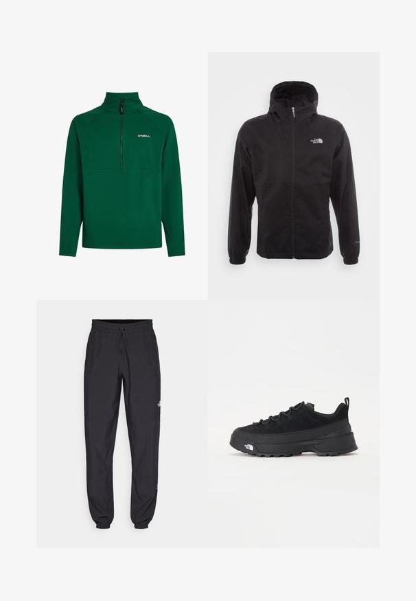 Giacca nera impermeabile con zip completa, cappuccio regolabile, polsini elasticizzati e logo sul petto; leggera, con texture liscia.; Pullover in felpa verde con colletto a mezza zip, caratterizzato da un design con cuciture rinforzate e un logo sul lato sinistro del petto. Tessuto morbido. Maniche lunghe.; Pantaloni sportivi neri realizzati in tessuto leggero, con vita regolabile con cordino, tasche laterali e orli affusolati alle caviglie.; Sneaker da esterno nera con parte superiore in suede, suola in gomma testurizzata e robusto sistema di allacciatura. Presenta un tallone rinforzato e il logo del marchio sul lato.