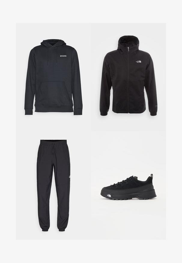 Casaco impermeável preto com fecho completo, capuz ajustável, punhos elásticos e um logótipo no peito; leve, com textura suave.; Hoodie preto feito de material macio, apresentando um bolso frontal, capuz com cordão e logótipo branco no lado esquerdo do peito. Ajuste clássico com punhos canelados.; Calças atléticas pretas feitas de tecido leve, com um cós ajustável por cordão, bolsos laterais e punhos afunilados nos tornozelos.; Sapatilha de exterior preta com parte superior em camurça, sola de borracha texturizada e sistema de atacadores robusto. Apresenta um calcanhar reforçado e o logótipo da marca na lateral.