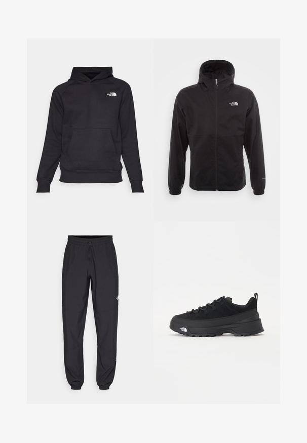 Black waterproof jacket with a full zip, adjustable hood, elastic cuffs, and a logo on the chest; lightweight, smooth texture.; Black hoodie with a front kangaroo pocket, ribbed cuffs, and hem. Features a white logo on the upper left chest. Made from soft fabric.; Black athletic pants made from lightweight fabric, featuring a drawstring waistband, side pockets, and tapered cuffs at the ankles.; Black outdoor sneaker with a suede upper, textured rubber sole, and sturdy lacing system. Features a reinforced heel and brand logo on the side.