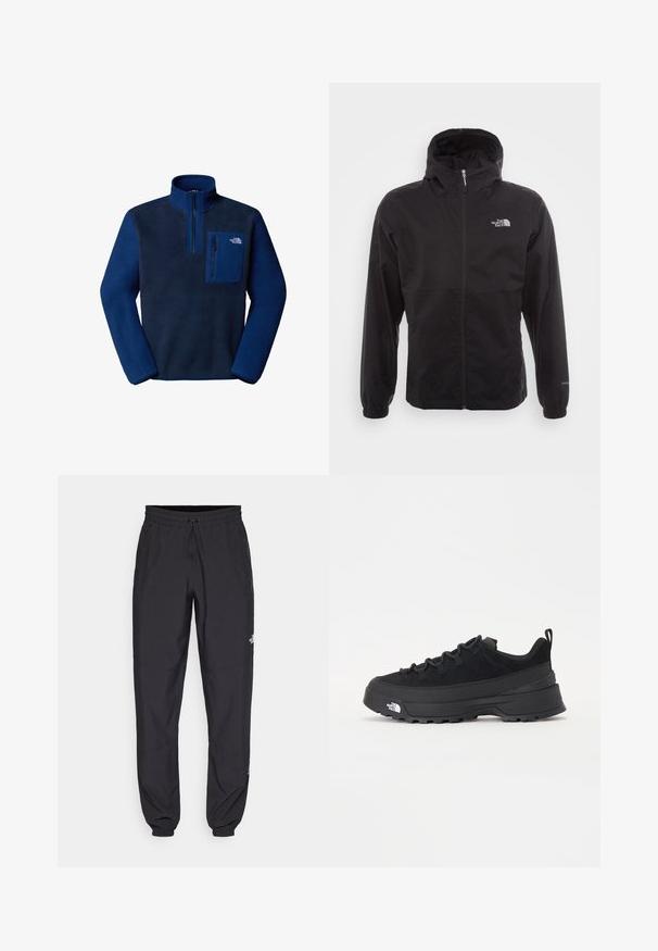 Svart vattentät jacka med full dragkedja, justerbar huva, elastiska ärmslut och en logotyp på bröstet; lätt och slät textur.; Marinblå fleece tröja med kvartszip, bröstficka, texturerad tyg och logotyp på fickan. Mjuk, varm och designad för lager-på-lager.; Svarta träningsbyxor tillverkade av lättviktsmaterial, med dragsko i midjan, sidofickor och avsmalnande muddar vid anklarna.; Svart utomhussko med ovandel i mocka, texturerad gummisula och robust snörningssystem. Har en förstärkt häl och varumärkeslogotyp på sidan.