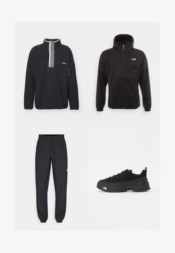 Schwarze wasserdichte Jacke mit durchgehendem Reißverschluss, verstellbarem Kapuzen, elastischen Bündchen und einem Logo auf der Brust; leicht und mit glatter Textur.; Schwarzer Fleece-Pullover mit hohem Kragen, grauer Vorderblende und weißen Akzenten. Verfügt über eine Reißverschlusstasche auf der linken Seite.; Schwarze Sporthosen aus leichtem Stoff, mit einem Kordelzugbund, seitlichen Taschen und schmal zulaufenden Bündchen an den Knöcheln.; Schwarzer Outdoorsneaker mit einem Obermaterial aus Wildleder, strukturierter Gummisohle und robustem Schnürsystem. Verfügt über eine verstärkte Ferse und das Markenlogo an der Seite.