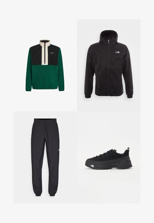 Black waterproof jacket with a full zip, adjustable hood, elastic cuffs, and a logo on the chest; lightweight, smooth texture.; Green and black fleece pullover with a high collar, half-zip front, and logo. Features solid colors and a soft texture throughout.; Black athletic pants made from lightweight fabric, featuring a drawstring waistband, side pockets, and tapered cuffs at the ankles.; Black outdoor sneaker with a suede upper, textured rubber sole, and sturdy lacing system. Features a reinforced heel and brand logo on the side.