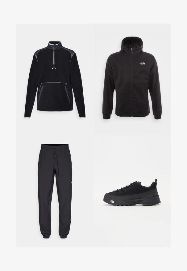 Black waterproof jacket with a full zip, adjustable hood, elastic cuffs, and a logo on the chest; lightweight, smooth texture.; Fleece pullover in black with a high collar, half-zip front, two side pockets, and contrast stitching in gray and navy accents.; Black athletic pants made from lightweight fabric, featuring a drawstring waistband, side pockets, and tapered cuffs at the ankles.; Black outdoor sneaker with a suede upper, textured rubber sole, and sturdy lacing system. Features a reinforced heel and brand logo on the side.