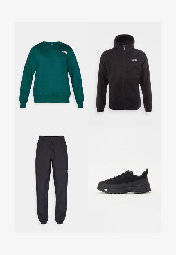 Giacca nera impermeabile con zip completa, cappuccio regolabile, polsini elasticizzati e logo sul petto; leggera, con texture liscia.; Felpa verde realizzata in morbido tessuto, con maniche lunghe, scollo a girocollo e un logo bianco sulla parte superiore sinistra.; Pantaloni sportivi neri realizzati in tessuto leggero, con vita regolabile con cordino, tasche laterali e orli affusolati alle caviglie.; Sneaker da esterno nera con parte superiore in suede, suola in gomma testurizzata e robusto sistema di allacciatura. Presenta un tallone rinforzato e il logo del marchio sul lato.