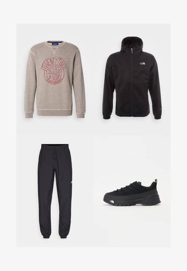 Melna ūdensnecaurlaidīga jaka ar pilnu rāvējslēdzēju, regulējamu kapuci, elastīgām piedurknēm un logo uz krūtīm; viegla, gluda tekstūra.; Gaiši pelēks džemperis mīkstā materiālā, ar apaļu sarkanu logo, uz kura ir uzraksts "TWENTY TWO SCOTCH & SODA AMSTERDAM." Ar ribotām aprocēm un apakšu.; Melni sporta bikses, kas izgatavotas no viegla auduma, ar savelcamu jostu, sānu kabatām un sašaurinātiem apakšējiem galiem pie potītēm.; Melni āra sporta apavi ar zamšādas virsu, teksturētu gumijas zoli un izturīgu auklu sistēmu. Iezīmēts ar pastiprinātu papēdi un zīmola logo sānu daļā.