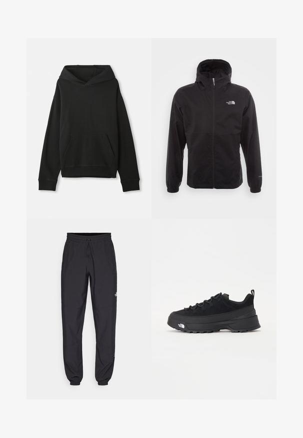 Melna ūdensnecaurlaidīga jaka ar pilnu rāvējslēdzēju, regulējamu kapuci, elastīgām piedurknēm un logo uz krūtīm; viegla, gluda tekstūra.; Melna sporta jaka ar kapuci, kurai ir priekšējais kangaroo kabata. Izgatavota no mīksta auduma ar ribinātām aprocēm un apakšmalu, piedāvājot brīvu piegriezumu.; Melni sporta bikses, kas izgatavotas no viegla auduma, ar savelcamu jostu, sānu kabatām un sašaurinātiem apakšējiem galiem pie potītēm.; Melni āra sporta apavi ar zamšādas virsu, teksturētu gumijas zoli un izturīgu auklu sistēmu. Iezīmēts ar pastiprinātu papēdi un zīmola logo sānu daļā.