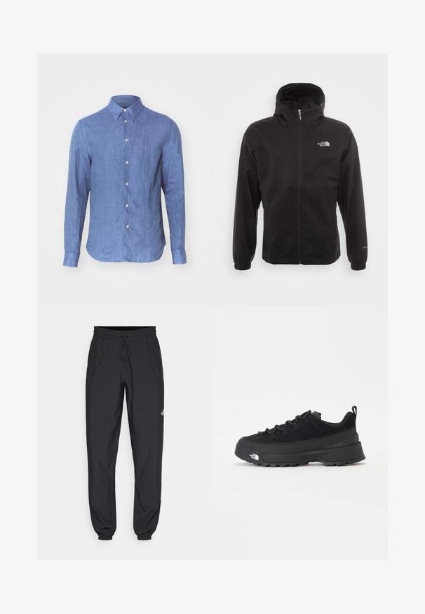 Schwarze wasserdichte Jacke mit durchgehendem Reißverschluss, verstellbarem Kapuzen, elastischen Bündchen und einem Logo auf der Brust; leicht und mit glatter Textur.; Blaues Leinenhemd mit Button-Down-Kragen, langen Ärmeln, Knopfverschluss und leicht abgerundetem Saum. Glattes, strukturiertes Material.; Schwarze Sporthosen aus leichtem Stoff, mit einem Kordelzugbund, seitlichen Taschen und schmal zulaufenden Bündchen an den Knöcheln.; Schwarzer Outdoorsneaker mit einem Obermaterial aus Wildleder, strukturierter Gummisohle und robustem Schnürsystem. Verfügt über eine verstärkte Ferse und das Markenlogo an der Seite.