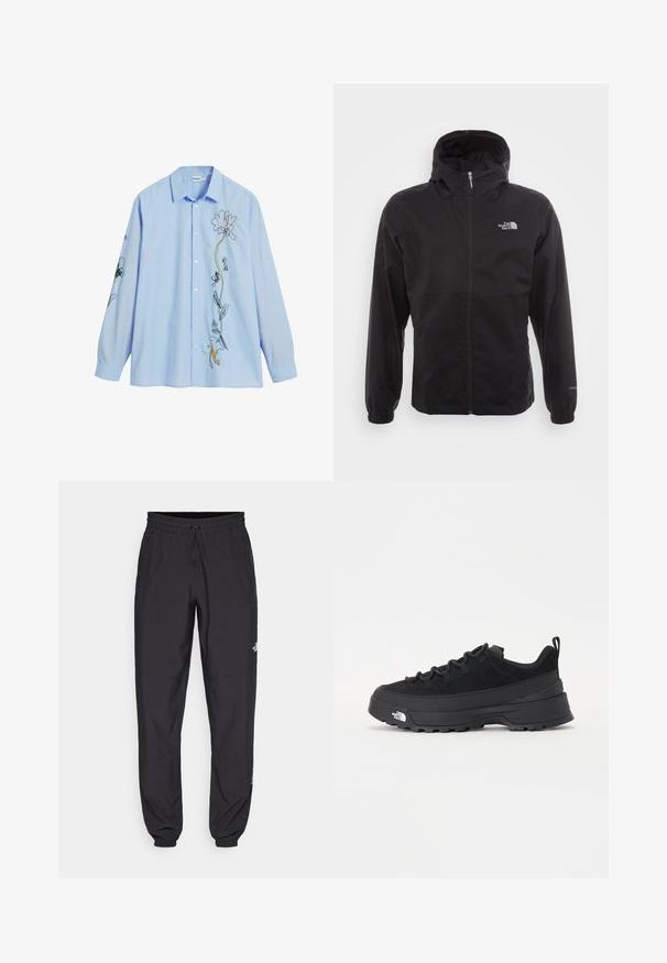 Giacca nera impermeabile con zip completa, cappuccio regolabile, polsini elasticizzati e logo sul petto; leggera, con texture liscia.; Camicia button-up azzurro chiaro con ricami floreali di diversi colori lungo la parte frontale e le maniche. Realizzata in un tessuto morbido con una vestibilità rilassata.; Pantaloni sportivi neri realizzati in tessuto leggero, con vita regolabile con cordino, tasche laterali e orli affusolati alle caviglie.; Sneaker da esterno nera con parte superiore in suede, suola in gomma testurizzata e robusto sistema di allacciatura. Presenta un tallone rinforzato e il logo del marchio sul lato.