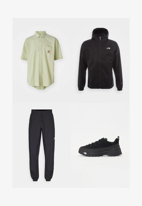 Giacca nera impermeabile con zip completa, cappuccio regolabile, polsini elasticizzati e logo sul petto; leggera, con texture liscia.; Camicia a maniche corte di colore verde chiaro con un motivo texturizzato, colletto a punta, taschino frontale e una toppa quadrata con logo sul petto.; Pantaloni sportivi neri realizzati in tessuto leggero, con vita regolabile con cordino, tasche laterali e orli affusolati alle caviglie.; Sneaker da esterno nera con parte superiore in suede, suola in gomma testurizzata e robusto sistema di allacciatura. Presenta un tallone rinforzato e il logo del marchio sul lato.