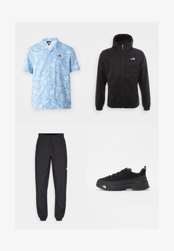 Svart vanntett jakke med full glidelås, justerbar hette, elastiske mansjetter og logo på brystet; lett, glatt tekstur.; Kortermet skjorte med knapper i lyseblått med hvite abstrakte mønstre, med en liten fargerik logo på brystet.; Sorte idrettsbukser laget av lett stoff, med snor i livet, sidelommer og smale mansjetter ved anklene.; Svart utendørs sneakers med overdel i semsket skinn, teksturert gummisåle og solid snøresystem. Har forsterket hæl og merkevarelogo på siden.