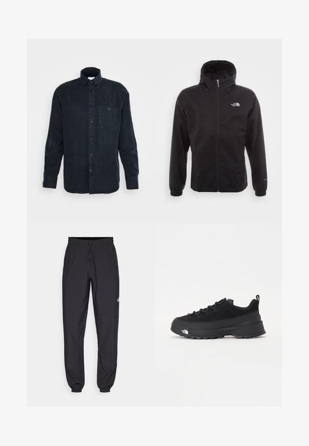 Schwarze wasserdichte Jacke mit durchgehendem Reißverschluss, verstellbarem Kapuzen, elastischen Bündchen und einem Logo auf der Brust; leicht und mit glatter Textur.; Dunkelblaues, langärmliges Button-up-Hemd aus weicher Baumwolle, mit einer einzelnen Brusttasche und einem klassischen Kragendesign.; Schwarze Sporthosen aus leichtem Stoff, mit einem Kordelzugbund, seitlichen Taschen und schmal zulaufenden Bündchen an den Knöcheln.; Schwarzer Outdoorsneaker mit einem Obermaterial aus Wildleder, strukturierter Gummisohle und robustem Schnürsystem. Verfügt über eine verstärkte Ferse und das Markenlogo an der Seite.