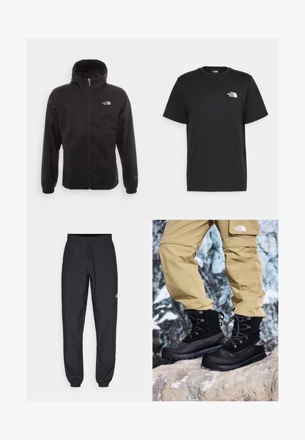 Fekete, vízálló dzseki teljes cipzárral, állítható kapucnival, rugalmas mandzsettákkal és mellkasi logóval; könnyű, sima textúrájú.; Fekete pamut póló, rövid ujjú, kerek nyakkivágással és egy kis fehér logóval a bal mellrészen. Egyszerű dizájn, sima textúra és laza fazon.; Fekete sportnadrág, könnyű anyagból készült, húzózsinóros derékkal, oldalsó zsebekkel és szűkített szárakkal a bokáknál.; Fekete, vízálló csizma strukturált velúr felsőrésszel, megerősített orral és gumitalppal. Khaki színű, cipzáras túranadrággal párosítva.