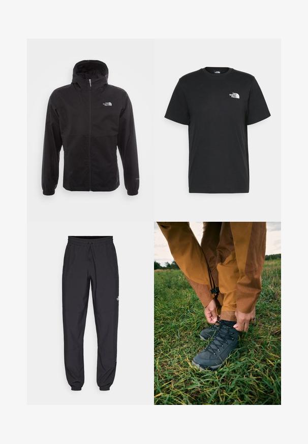 Sort vandtæt jakke med fuld lynlås, justerbar hætte, elastiske manchetter og et logo på brystet; letvægts, glat tekstur.; Sort bomulds t-shirt med korte ærmer, rund hals og et lille hvidt logo på venstre bryst. Enkel design, glat tekstur og afslappet pasform.; Sorte atletiske bukser lavet af letvægtsstof, med en snor i taljen, sidelommer og tapered manchetter ved anklerne.; Sorte vandrestøvler med teksturerede overdele og snørebånd, iført brune vandtætte bukser, sat på grøn græs under en skyet himmel.