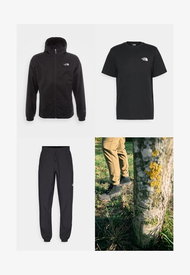 Svart vanntett jakke med full glidelås, justerbar hette, elastiske mansjetter og logo på brystet; lett, glatt tekstur.; Svart bomull t-skjorte med korte ermer, rund hals og en liten hvit logo på venstre bryst. Enkel design, glatt tekstur og avslappet passform.; Sorte idrettsbukser laget av lett stoff, med snor i livet, sidelommer og smale mansjetter ved anklene.; Sorte ankelstøvler i teksturert semsket lær og gummisåler, kombinert med khaki-bukser, står nær en trestamme dekket av lav.