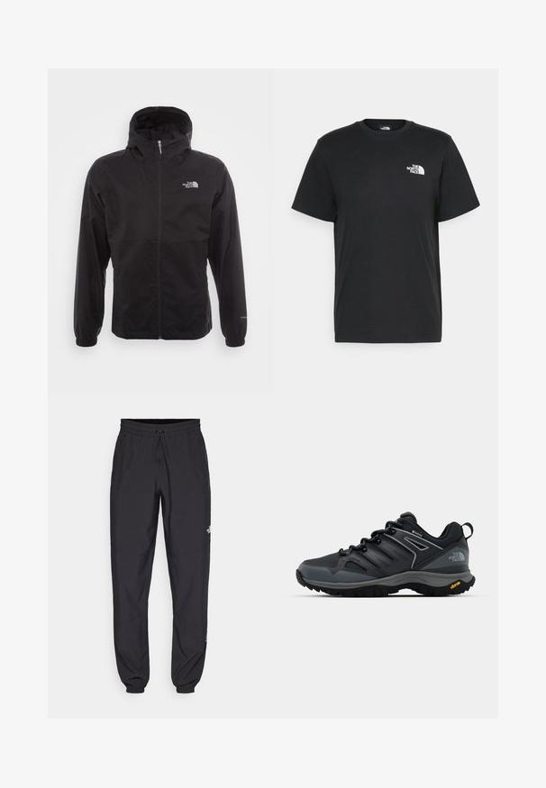 Jachetă neagră, impermeabilă, cu fermoar complet, glugă ajustabilă, manșete elastice și un logo pe piept; ușoară, cu o textură netedă.; Tricou negru din bumbac, cu mâneci scurte, guler rotund și un mic logo alb pe pieptul stâng. Design simplu, textură netedă și croială lejeră.; Pantaloni atletici negri, confecționați dintr-un material ușor, cu un tiv elastic la talie, buzunare laterale și tivuri ajustate la gleznă.; Mocasin de drumeție negru cu un upper respirabil, accente texturate, talpă din cauciuc și detalii reflectorizante. Include un logo Vibram pe toc.