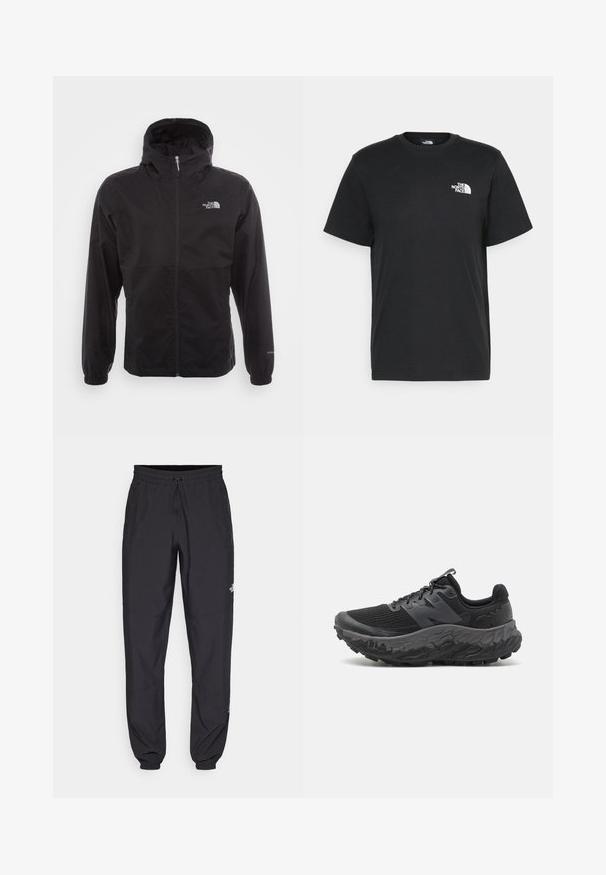 Black waterproof jacket with a full zip, adjustable hood, elastic cuffs, and a logo on the chest; lightweight, smooth texture.; Black cotton t-shirt with short sleeves, crew neck, and a small white logo on the left chest. Simple design, smooth texture, and relaxed fit.; Black athletic pants made from lightweight fabric, featuring a drawstring waistband, side pockets, and tapered cuffs at the ankles.; Black running shoe with a textured mesh upper and thick, sculpted rubber outsole, featuring a prominent logo and lacing system.