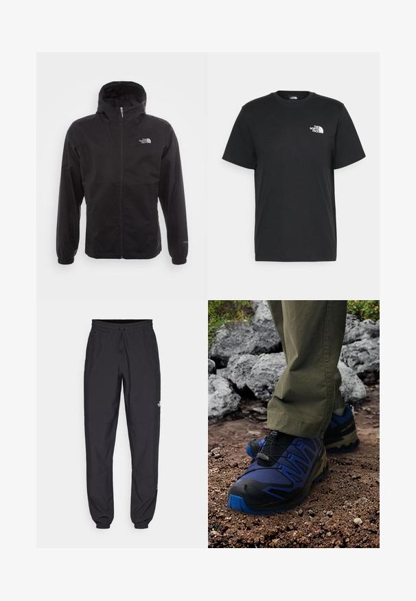 Must have veekindel must jope täispikksu lõpetusega, reguleeritava kapuutsiga, elastsete mansettide ning rinnal oleva logoga; kerge, sile tekstuur.; Musthave musta puuvillane T-särk lühikeste varrukatega, ümmargune kaelus ja väike valge logo vasakul rinnal. Lihtne disain, sile tekstuur ja mugav lõige.; Mustavad sportlikud püksid, mis on valmistatud kergest kangast, joonlauaga taljest, küljetaskudega ja kitsenevate varrukatega pahkluude juures.; Raja jalatsid, millel on must ja sinine disain, valmistatud võrgust ja kummist materjalidest, tekstureeritud pind ning elastne nöörimise süsteem, kantud kivisel maastikul.