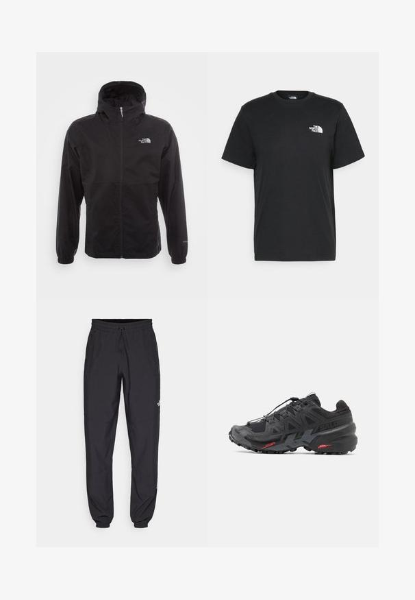 Čierna nepremokavá bunda s plným zipsom, nastaviteľnou kapucňou, elastickými manžetami a logom na hrudi; ľahká, s hladkou textúrou.; Čierne bavlnené tričko s krátkymi rukávmi, klasickým výstrihom a malým bielym logom na ľavej hrudi. Jednoduchý dizajn, hladká textúra a voľný strih.; Čierne športové nohavice vyrobené z ľahkej tkaniny, s elastickým pásom na šnurovanie, bočnými vreckami a zúženými manžetami na členkoch.; Čierne bežecké topánky so syntetickým zvrškom, textúrovaným dizajnom a kontrastnými červenými akcentmi. Obsahujú zabezpečený systém šnúrovania a robustnú podrážku.