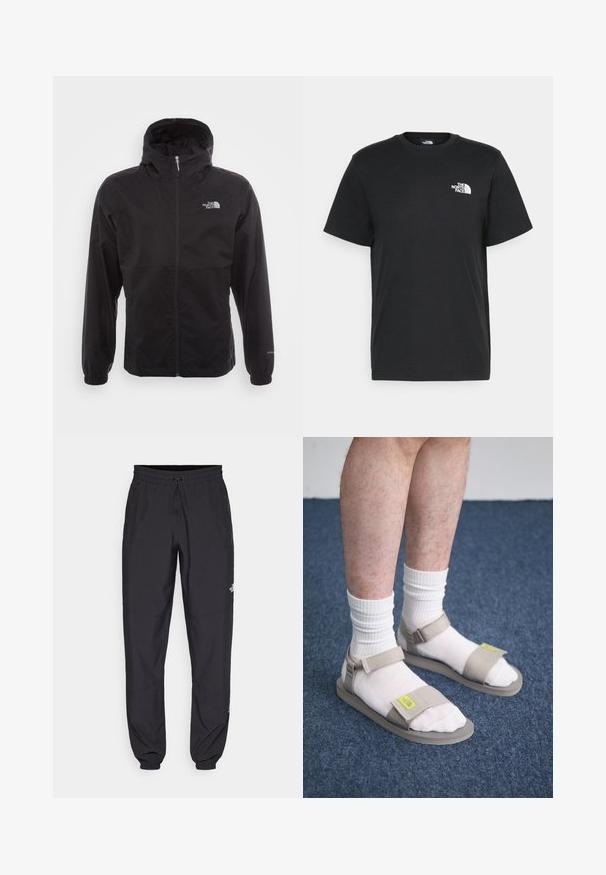 Schwarze wasserdichte Jacke mit durchgehendem Reißverschluss, verstellbarem Kapuzen, elastischen Bündchen und einem Logo auf der Brust; leicht und mit glatter Textur.; Schwarzes Baumwoll-T-Shirt mit kurzen Ärmeln, Rundhalsausschnitt und einem kleinen weißen Logo auf der linken Brust. Schlichtes Design, glatte Textur und lockere Passform.; Schwarze Sporthosen aus leichtem Stoff, mit einem Kordelzugbund, seitlichen Taschen und schmal zulaufenden Bündchen an den Knöcheln.; Beige Sandalen mit verstellbaren Riemen, über weißen Socken getragen. Die Sohlen sind flach und mit einem strukturierten Muster versehen. Vor einem blauen Teppichhintergrund.