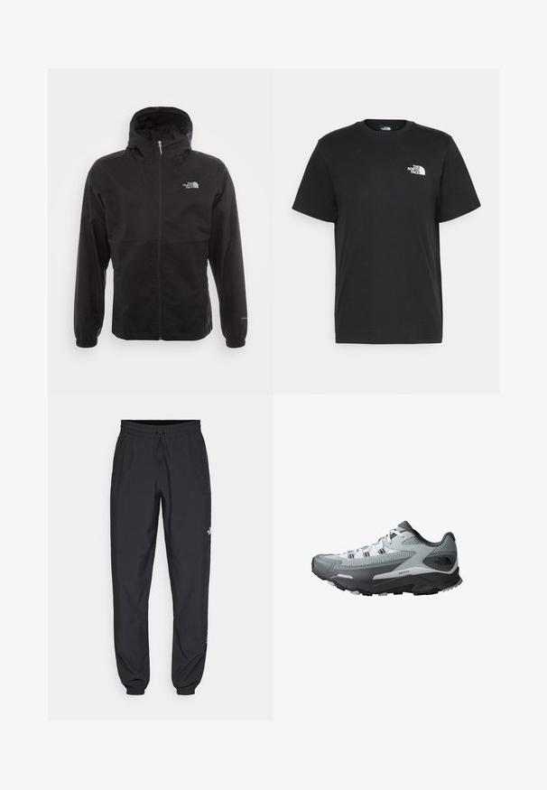 Fekete, vízálló dzseki teljes cipzárral, állítható kapucnival, rugalmas mandzsettákkal és mellkasi logóval; könnyű, sima textúrájú.; Fekete pamut póló, rövid ujjú, kerek nyakkivágással és egy kis fehér logóval a bal mellrészen. Egyszerű dizájn, sima textúra és laza fazon.; Fekete sportnadrág, könnyű anyagból készült, húzózsinóros derékkal, oldalsó zsebekkel és szűkített szárakkal a bokáknál.; Terepfutó cipő, szürke és fekete színkombinációval, hálós felsőrésszel, strapabíró talppal és érdesített díszítésekkel a tapadásért.