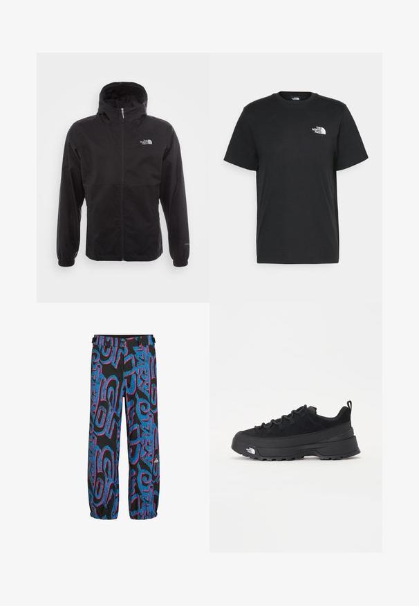 Juodas vandeniui atsparus švarkas su pilnu užtrauktuku, reguliuojama kapuce, elastingais rankogaliais ir logotipu ant krūtinės; lengvas, lygaus paviršiaus.; Juoda medvilninė marškinė su trumpomis rankovėmis, apvaliu iškirpimu ir maža balta logo kairėje krūtinės pusėje. Paprastas dizainas, lygi tekstūra ir laisvas pritaikymas.; Juoda kelnės su ryškiai mėlynomis ir rožinėmis abstrakčiomis patterns. Yra elastingi rankogaliai ir liemuo su dviem reguliuojamais diržais ir mygtukais.; Juodas lauko sportinis batelis su zomšiniu viršumi, tekstūruota guma padais ir tvirtas raištelių sistema. Yra sustiprinta kulno dalis ir prekės ženklo logotipas šone.