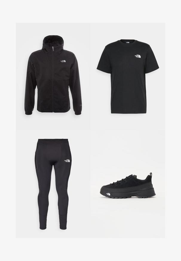 Melna ūdensnecaurlaidīga jaka ar pilnu rāvējslēdzēju, regulējamu kapuci, elastīgām piedurknēm un logo uz krūtīm; viegla, gluda tekstūra.; Melna kokvilnas T-krekls ar īsām piedurknēm, apaļu kakla izgriezumu un mazu balto logotipu kreisajā krūtīs. Vienkāršs dizains, gluda tekstūra un brīvs piegriezums.; Melnas sporta legingas, kas izgatavotas no elastīga materiāla ar ciešu piegulšanu. Iespējas ietver sānu kabatu un atstarojošu logo tuvu jostai.; Melni āra sporta apavi ar zamšādas virsu, teksturētu gumijas zoli un izturīgu auklu sistēmu. Iezīmēts ar pastiprinātu papēdi un zīmola logo sānu daļā.