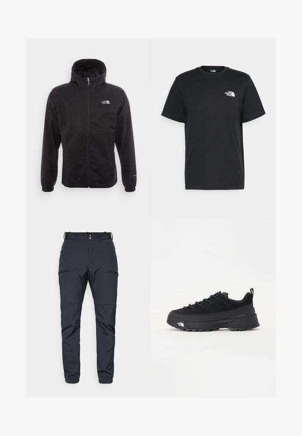 Svart vattentät jacka med full dragkedja, justerbar huva, elastiska ärmslut och en logotyp på bröstet; lätt och slät textur.; Svart bomull t-shirt med kort ärm, rund halsringning och en liten vit logga på vänster bröst. Enkelt design, mjuk textur och avslappnad passform.; Houdini MORE PANTS - Friluftsbyxor - true black; Svart utomhussko med ovandel i mocka, texturerad gummisula och robust snörningssystem. Har en förstärkt häl och varumärkeslogotyp på sidan.