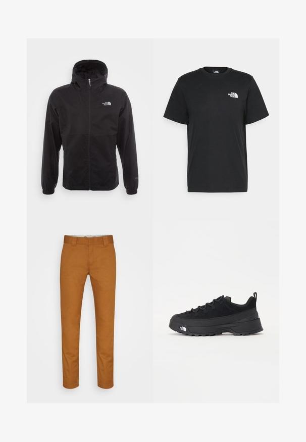 Zwarte waterdichte jack met volledige rits, verstelbare capuchon, elastische manchetten en een logo op de borst; lichtgewicht, gladde textuur.; Zwarte katoenen T-shirt met korte mouwen, ronde hals en een klein wit logo op de linkerkant van de borst. Eenvoudig ontwerp, gladde textuur en een comfortabele pasvorm.; Bordeaux katoenen broek met een rechte pasvorm, voorzakken en een schone, gladde textuur. Bevat riemlussen en discrete stikseldetails.; Zwarte outdoor sneaker met een suede bovenkant, een gestructureerde rubberen zool en een stevig vetersysteem. Heeft een versterkte hiel en een merklogo aan de zijkant.