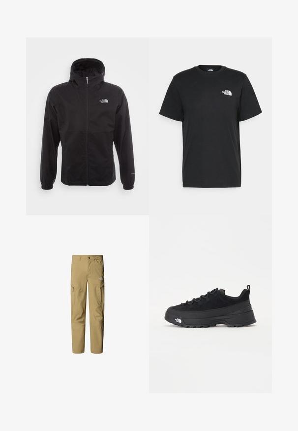 Zwarte waterdichte jack met volledige rits, verstelbare capuchon, elastische manchetten en een logo op de borst; lichtgewicht, gladde textuur.; Zwarte katoenen T-shirt met korte mouwen, ronde hals en een klein wit logo op de linkerkant van de borst. Eenvoudig ontwerp, gladde textuur en een comfortabele pasvorm.; Beige buitenbroek met een ritskookzak aan elke kant, een knopenband en een zachte, lichtgewicht stoftextuur.; Zwarte outdoor sneaker met een suede bovenkant, een gestructureerde rubberen zool en een stevig vetersysteem. Heeft een versterkte hiel en een merklogo aan de zijkant.