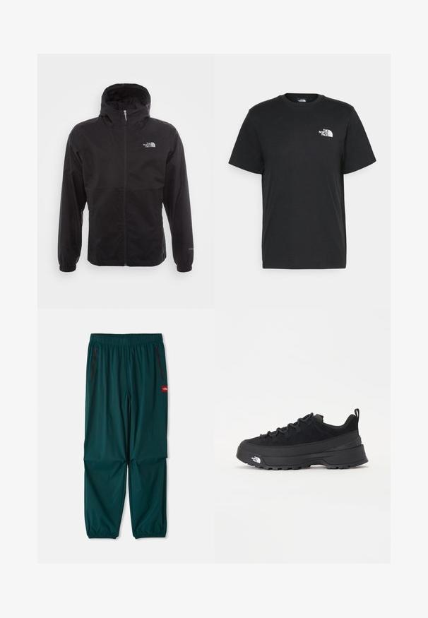 Melna ūdensnecaurlaidīga jaka ar pilnu rāvējslēdzēju, regulējamu kapuci, elastīgām piedurknēm un logo uz krūtīm; viegla, gluda tekstūra.; Melna kokvilnas T-krekls ar īsām piedurknēm, apaļu kakla izgriezumu un mazu balto logotipu kreisajā krūtīs. Vienkāršs dizains, gluda tekstūra un brīvs piegriezums.; Āra bikses tumši zilā krāsā, ar elastīgu jostu, divām rāvējslēdzēju kabatām sānos un elastīgām aprocēm pie potītēm. Viegls materiāls.; Melni āra sporta apavi ar zamšādas virsu, teksturētu gumijas zoli un izturīgu auklu sistēmu. Iezīmēts ar pastiprinātu papēdi un zīmola logo sānu daļā.