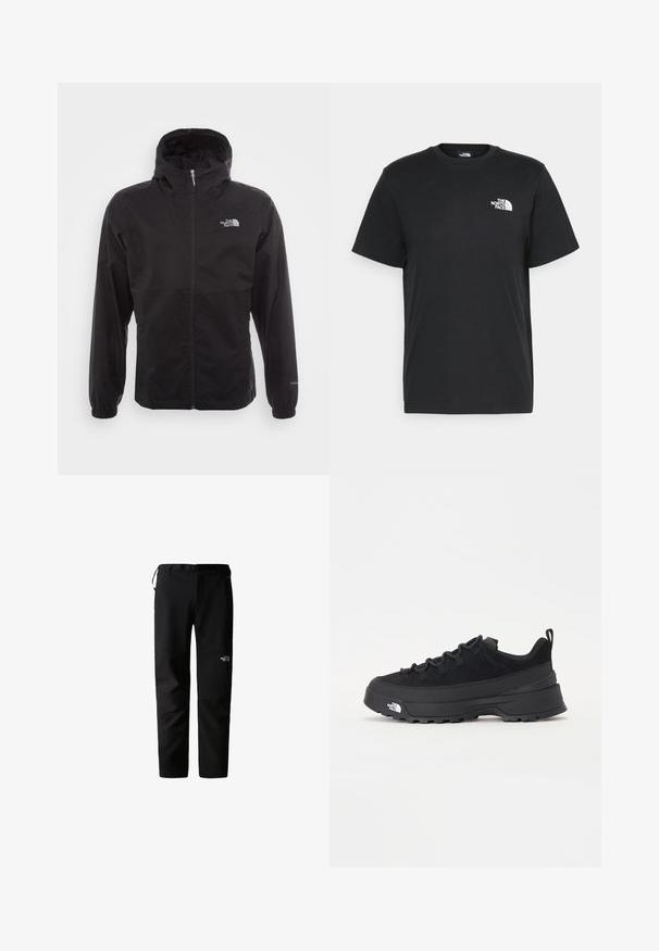 Casaco impermeável preto com fecho completo, capuz ajustável, punhos elásticos e um logótipo no peito; leve, com textura suave.; T-shirt de algodão preto com mangas curtas, decote redondo e um pequeno logótipo branco no lado esquerdo do peito. Design simples, textura suave e corte relaxado.; Calças exteriores pretas com um design elegante, feitas de um tecido leve e durável. Apresentam um cinto, bolsos laterais e um logótipo na coxa.; Sapatilha de exterior preta com parte superior em camurça, sola de borracha texturizada e sistema de atacadores robusto. Apresenta um calcanhar reforçado e o logótipo da marca na lateral.