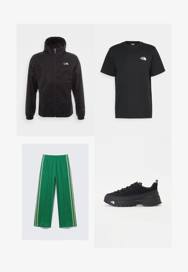 Black waterproof jacket with a full zip, adjustable hood, elastic cuffs, and a logo on the chest; lightweight, smooth texture.; Black cotton t-shirt with short sleeves, crew neck, and a small white logo on the left chest. Simple design, smooth texture, and relaxed fit.; Green wide-leg pants made of smooth fabric, featuring an elastic waistband and contrasting yellow side stripes with zigzag pattern.; Black outdoor sneaker with a suede upper, textured rubber sole, and sturdy lacing system. Features a reinforced heel and brand logo on the side.