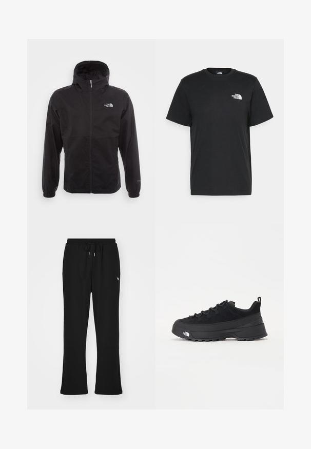 Juodas vandeniui atsparus švarkas su pilnu užtrauktuku, reguliuojama kapuce, elastingais rankogaliais ir logotipu ant krūtinės; lengvas, lygaus paviršiaus.; Juoda medvilninė marškinė su trumpomis rankovėmis, apvaliu iškirpimu ir maža balta logo kairėje krūtinės pusėje. Paprastas dizainas, lygi tekstūra ir laisvas pritaikymas.; Juodos sportinės kelnės su elastingu juosmeniu ir raišteliu, su šoninėmis kišenėmis ir subtiliu logotipu ant kairės kojos. Minkštas audinys, plačios formos.; Juodas lauko sportinis batelis su zomšiniu viršumi, tekstūruota guma padais ir tvirtas raištelių sistema. Yra sustiprinta kulno dalis ir prekės ženklo logotipas šone.