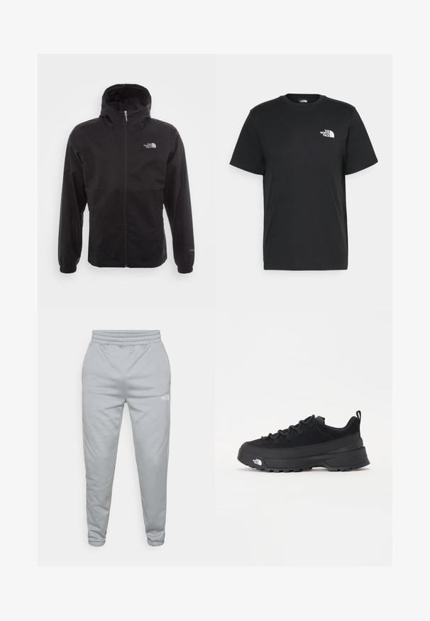 Svart vanntett jakke med full glidelås, justerbar hette, elastiske mansjetter og logo på brystet; lett, glatt tekstur.; Svart bomull t-skjorte med korte ermer, rund hals og en liten hvit logo på venstre bryst. Enkel design, glatt tekstur og avslappet passform.; Lys grå joggebukser med elastisk midje og ribbede anklene. Har en liten hvit logo på nedre side. Strukturerte materialer.; Svart utendørs sneakers med overdel i semsket skinn, teksturert gummisåle og solid snøresystem. Har forsterket hæl og merkevarelogo på siden.