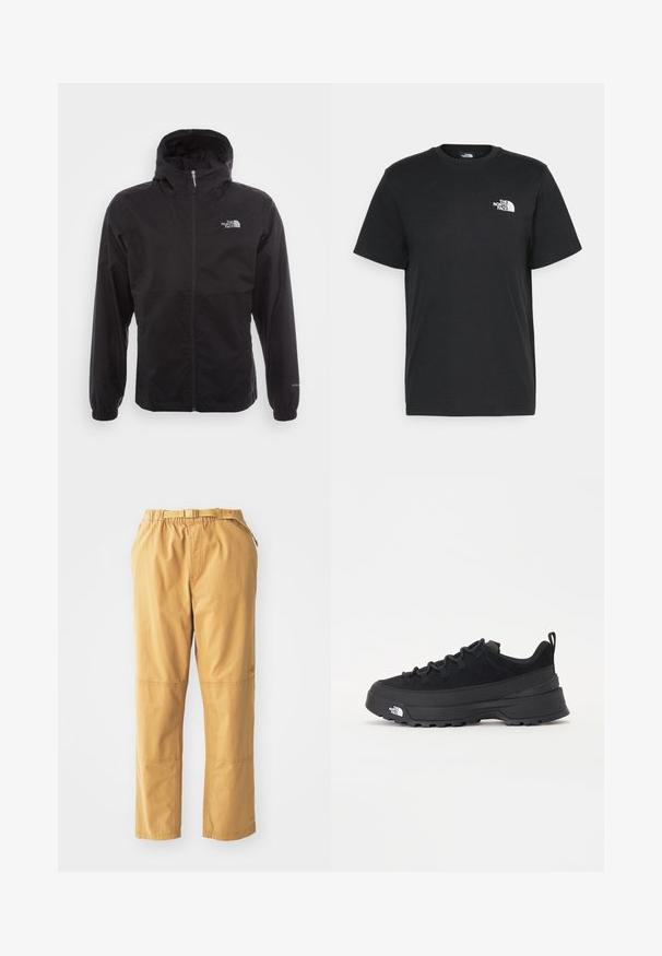 Jachetă neagră, impermeabilă, cu fermoar complet, glugă ajustabilă, manșete elastice și un logo pe piept; ușoară, cu o textură netedă.; Tricou negru din bumbac, cu mâneci scurte, guler rotund și un mic logo alb pe pieptul stâng. Design simplu, textură netedă și croială lejeră.; Pantaloni cargo khaki cu o croială lejeră, având talie elastică cu curea, buzunare laterale și întărituri la genunchi.; Tenisi de exterior negri cu superior din daim, talpă din cauciuc texturat și sistem de șireturi solid. Prezintă un călcâi întărit și un logo al mărcii pe lateral.