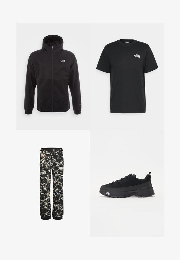 Schwarze wasserdichte Jacke mit durchgehendem Reißverschluss, verstellbarem Kapuzen, elastischen Bündchen und einem Logo auf der Brust; leicht und mit glatter Textur.; Schwarzes Baumwoll-T-Shirt mit kurzen Ärmeln, Rundhalsausschnitt und einem kleinen weißen Logo auf der linken Brust. Schlichtes Design, glatte Textur und lockere Passform.; Schwarze wasserfeste Schneehosen mit einem Spritzer-Muster in Creme und Braun. Verfügt über einen elastischen Saum und einen verstellbaren Bund.; Schwarzer Outdoorsneaker mit einem Obermaterial aus Wildleder, strukturierter Gummisohle und robustem Schnürsystem. Verfügt über eine verstärkte Ferse und das Markenlogo an der Seite.