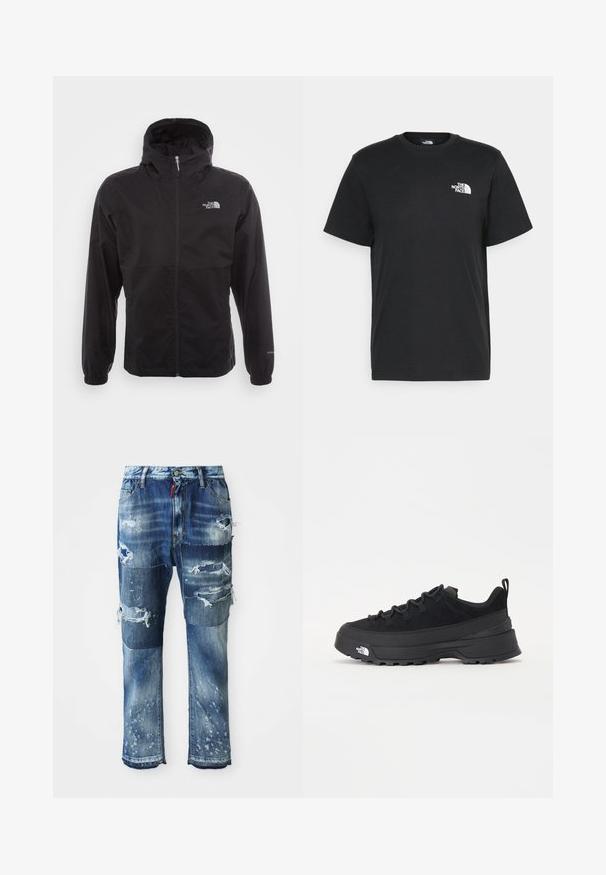 Black waterproof jacket with a full zip, adjustable hood, elastic cuffs, and a logo on the chest; lightweight, smooth texture.; Black cotton t-shirt with short sleeves, crew neck, and a small white logo on the left chest. Simple design, smooth texture, and relaxed fit.; Blue denim jeans with a relaxed fit, featuring distressed patches, frayed edges, and light wash accents. Five-pocket design with a button closure.; Black outdoor sneaker with a suede upper, textured rubber sole, and sturdy lacing system. Features a reinforced heel and brand logo on the side.